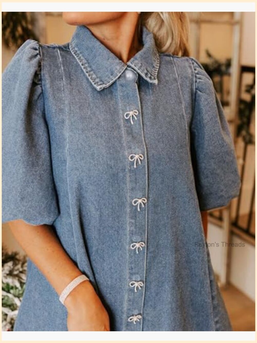 Blue Denim Babydoll Mini Dress with Puff Sleeves & Bow Decor - Picture 2 of 6